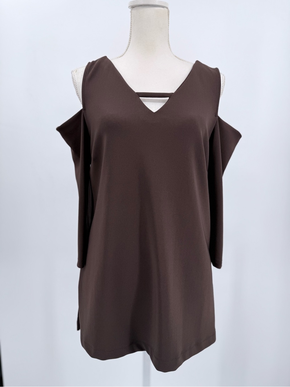 Boston Proper Cold Shoulder Tunic Top M Chocolate Brown V Neck Y2K Office Siren